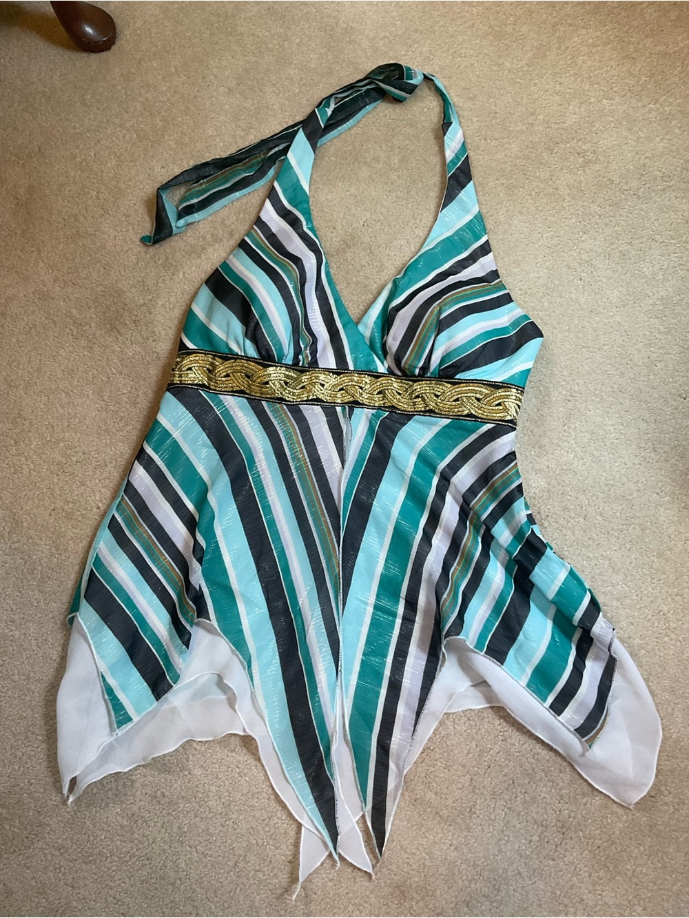 Cache Teal Black White Striped Halter Camisole with Gold Band